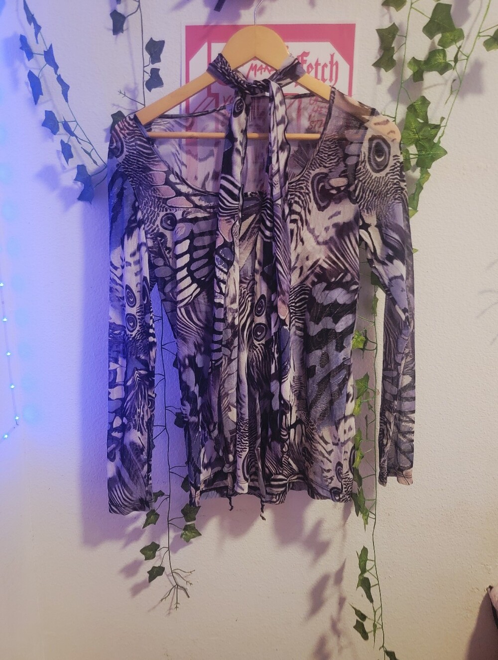 Y2k 2000s Fairycore Mesh Long Sleeve Butterfly Zebra Swirl Print, Matching Scarf
